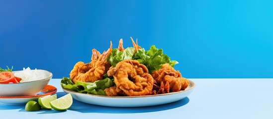 Wall Mural - copy space image of a blue background showcasing a delicious plate of fried fish accompanied by a fr