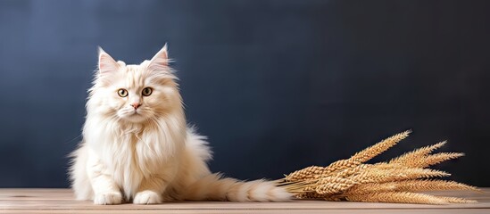 Cute khao manee cat sitting next to spikelets indoors providing a blank space for text Lovely and fluffy pet. with copy space image. Place for adding text or design