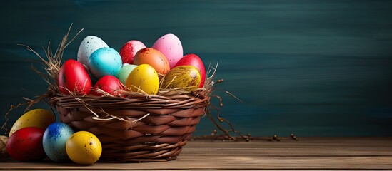 Aufkleber - A postcard motif with a wicker basket filled with vibrant Easter eggs offers copy space for your creative message