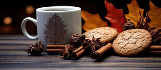 Aufkleber - A copy space image of chocolate cookies mulled wine or tea with a cinnamon spice stick in a metallic mug placed near green autumn leaves and a wooden love text The background is a grey wooden surface