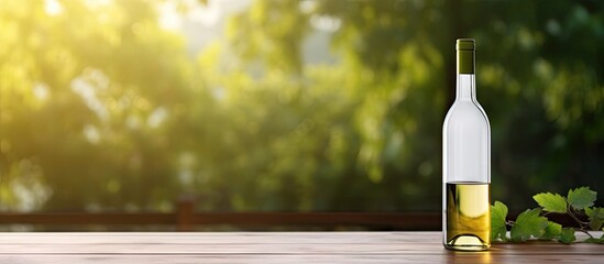 Canvas Print - An outdoor still life featuring a white wine bottle placed on a wooden table providing a copy space image for your text