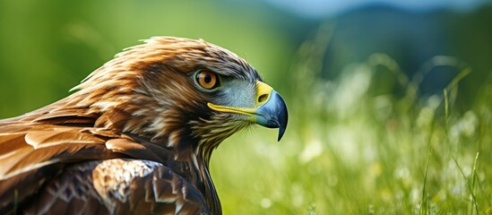 Aufkleber - Close up of a Golden Eagle a steppe Eagle against a green background with copy space image