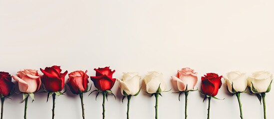 Wall Mural - high quality photo of a row of beautiful rose buds providing copy space the background consists of w