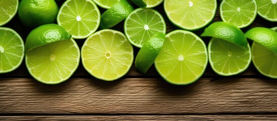 Wall Mural - a copy space image of freshly sliced limes neatly arranged on a rustic wooden backdrop