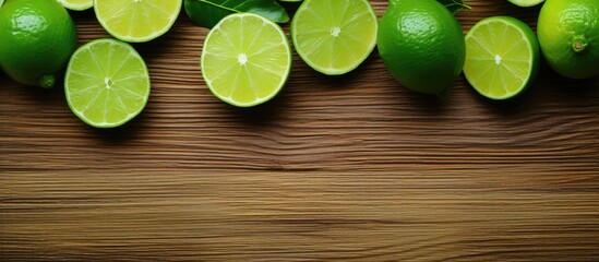 Wall Mural - a copy space image of freshly sliced limes neatly arranged on a rustic wooden backdrop