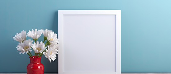 Sticker - A copy space image of a blank white frame mockup is showcased on a blue table standing out against a blue wall A beautiful flower is placed in a vase nearby