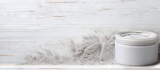 Wall Mural - an image of gray cosmetic clay rests on an aging white wooden table leaving ample copy space for add