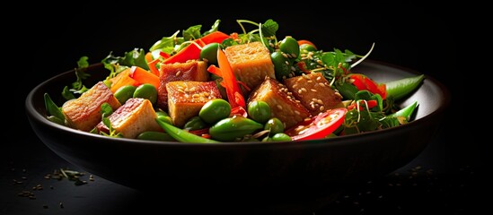 Wall Mural - a pan asian restaurant serves a colorful salad with fried tofu topped with sesame seeds fresh vegeta