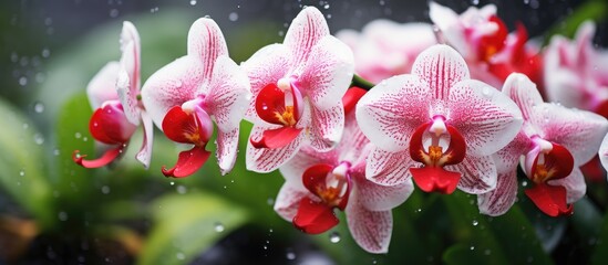Wall Mural - the front yard garden features stunning orchid flowers in white and red colors adorned with raindrop