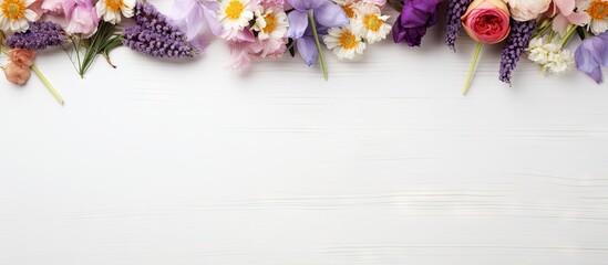 Wall Mural - there is a blurry abstract background with a copy space image showcasing beautiful flowers on a wood