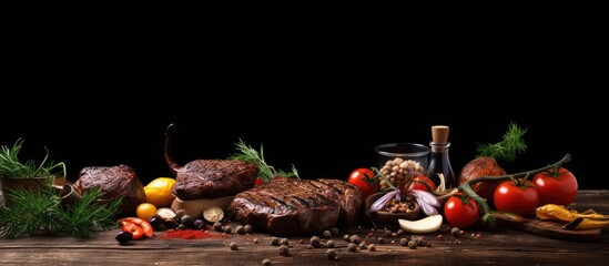 Wall Mural - a delicious arrangement of grilled meat vegetables and spices on a rustic wooden table with ample co