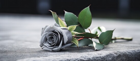 Canvas Print - Funeral ceremony outdoors with a white rose on a grey granite tombstone providing a copy space image for text