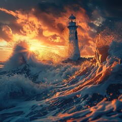 Wall Mural - Stunning sunset over a lighthouse with dramatic ocean waves crashing, capturing the power and beauty of nature at sea.