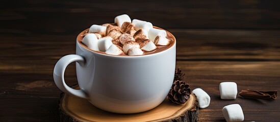 Wall Mural - A hot winter drink with cocoa chocolate and marshmallows is seen from a side view in a gray cup on a wooden background. with copy space image. Place for adding text or design