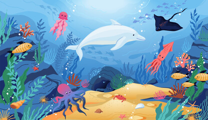 Ocean animals. Sea fish, underwater marine cute dolphin and jellyfish, nature world life with whale and coral reef. Childish background or poster. Cartoon flat isolated vector illustration