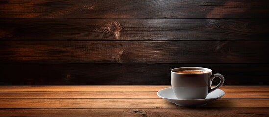 Wall Mural - Dark wooden background with a blank cup perfect for displaying copy space image