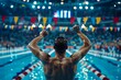 © spyrakot - Swimmer Celebrating Victory at Olympic Pool with Scoreboard and Cheering Crowd - Perfect for Sports, Achievement, and Inspiration Designs