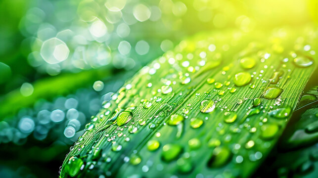 Macro shot of a green leaf with water droplets, capturing the details and freshness of the leaf.