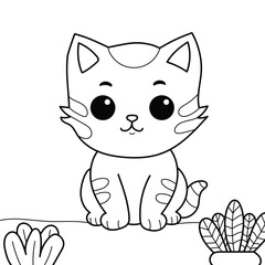 learn to color a cat with some plants for children