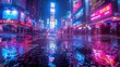 © AliaWindi - A photo of a cyberpunk cityscape with neon signs, a rainy night with reflections on wet streets and bustling crowds