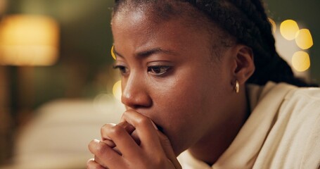 Canvas Print - Anxiety, thinking and black woman in home with stress from financial loan, student debt and crisis. College, finance and girl with worry about problem, fear and coping with conflict in mental health