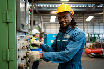 Wall Mural - A man in a blue jumpsuit is working on a machine. He is wearing a yellow helmet and gloves