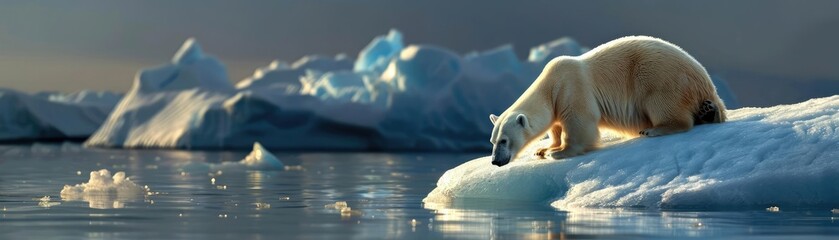 Wall Mural - A polar bear stands on an ice floe in the Arctic Ocean, surrounded by icebergs, reflecting on the calm water under the evening sky.