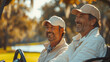 © MoreThanProd - People on the golf course happy and smiling looking at the camera, sport golf and entertainment on the background of the sunset. Two friends of a business man in a golf car. generative ai