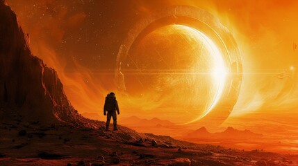 a digital depiction of a space explorer standing alone on a foreign planet, silhouetted against the 