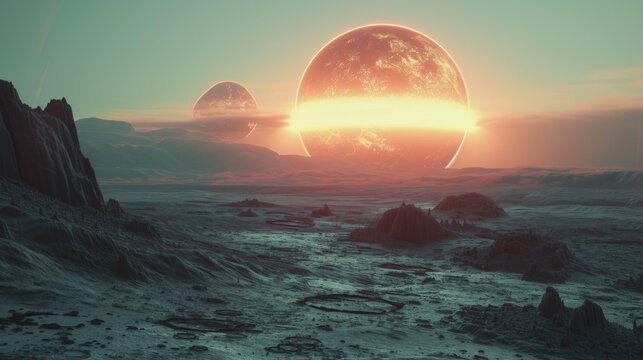 A distant planet bathed in the light of twin suns, its surface scarred by the remnants of ancient wars and cataclysms