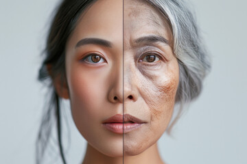 Split face of young and old Asian woman showing aging concept