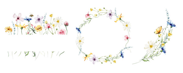 Watercolor painted floral wreath and frame set. Yellow, blue, white and pink wild flowers. Circular shape frame. Template illustration.