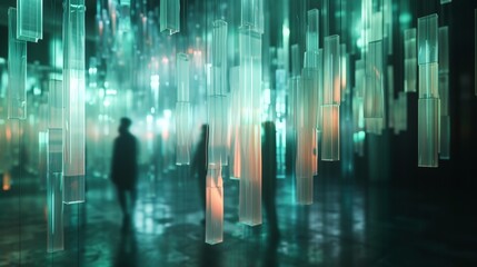 Wall Mural - a futuristic installation featuring suspended holographic lines suspended in mid-air, their transluc