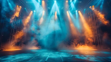 Wall Mural - modern club stage with vibrant blue and orange spotlights and smoky effects, creating dramatic and e