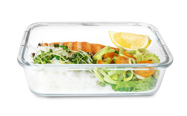 Healthy meal. Grilled salmon, rice and salad in container isolated on white