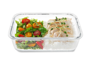 Healthy meal. Chicken breast, rice and salad in container isolated on white