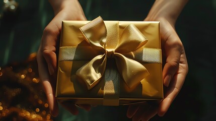 Hands holding a beautifully wrapped gold gift box with a ribbon, perfect for celebrations and special occasions.