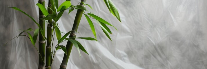 Wall Mural - Bamboo plant, focusing on its intricate leaves and elegant stems, against a soft gray background