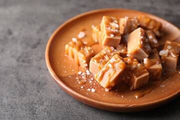 Wall Mural - Plate with tasty candies, caramel sauce and salt on grey table, closeup