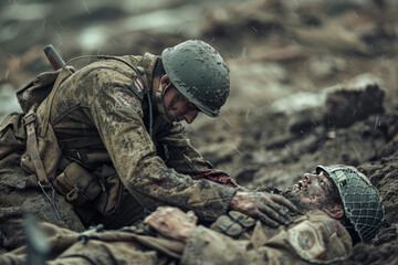 Wall Mural - A soldier providing medical aid to a wounded comrade on the battlefield