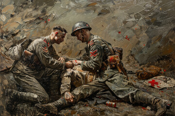 Wall Mural - A soldier providing medical aid to a wounded comrade on the battlefield