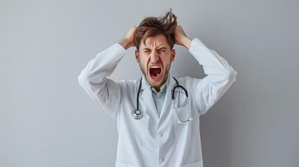 Frustrated young male doctor in white lab coat with stethoscope screaming and pulling his hair against plain gray background