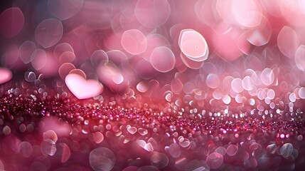 Wall Mural - Abstract pink and red bokeh background with sparkling hearts and light effects, perfect for romantic festive theme