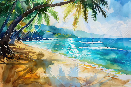vibrant watercolor painting of a sun drenched beach
