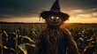 © Carlos - Animation of a scary scarecrow in a corn field on Halloween night. Background of atmospheric cooling. Generative AI