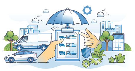 Fleet insurance and car crash and risk protection outline hands concept. Careless policy agreement for all vehicles, cargo carriers and trucks vector illustration. Security and expenses covering.