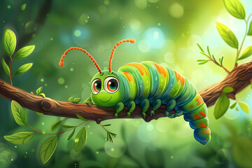 cartoon green caterpillar on a branch