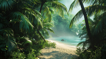 Wall Mural - June 29 is International Day of the Tropics. Blue lagoon surrounded by palm trees and tropical plants. The concept of a summer vacation on a deserted island