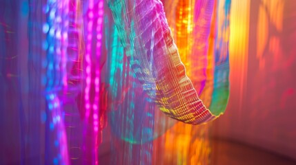 Wall Mural - suspended holographic lines shimmering in the air, casting colorful reflections and creating a mesme
