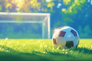 Wall Mural - Close-up soccer ball lays on the grass with goal in background. For sports poster, banner design. For sports events, sport's camps, media graphics, website banners. Summer Olympic Games in France